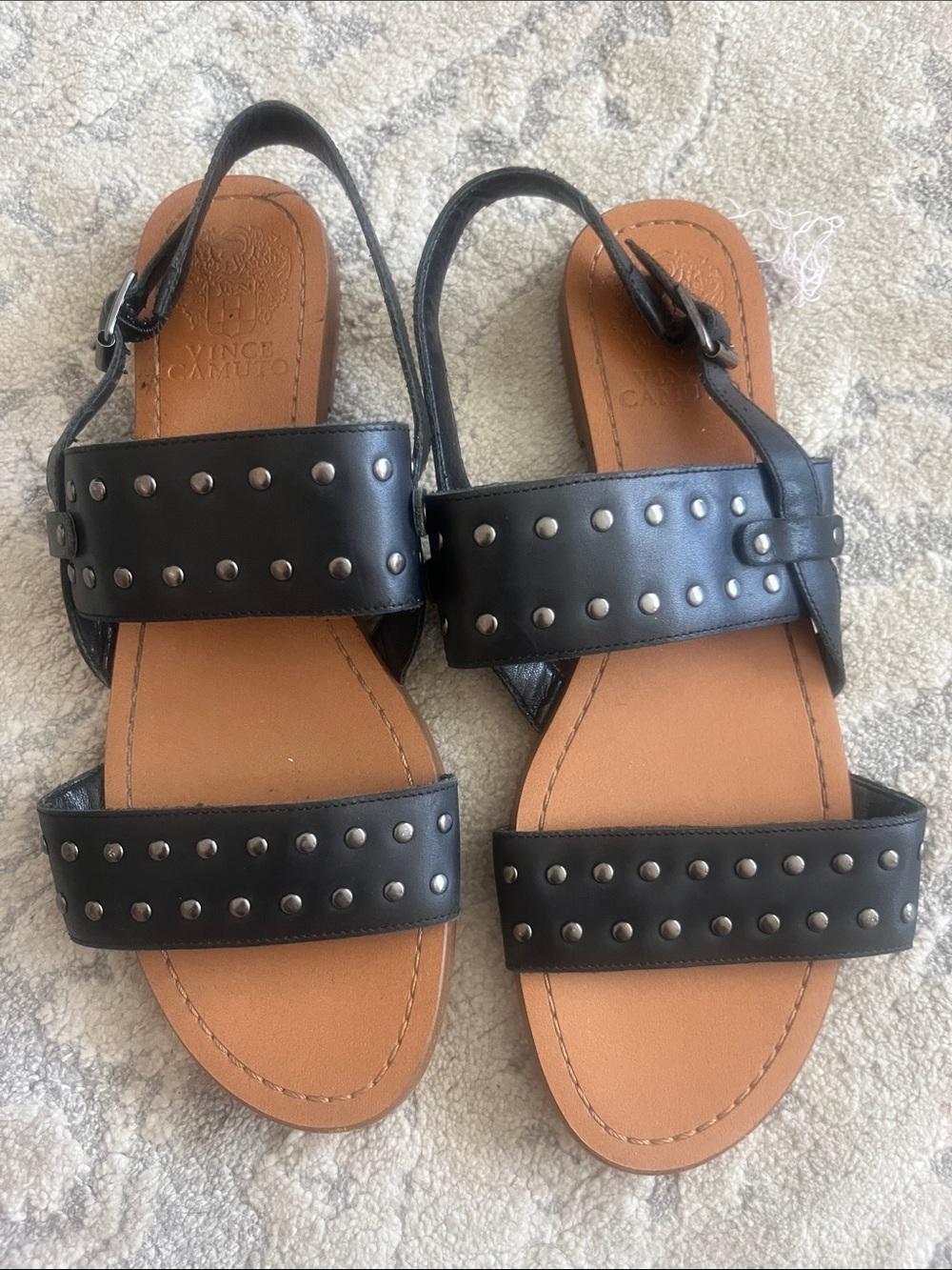 Vince Camuto Black Studded Double-Strap Leather Slingback Sandals